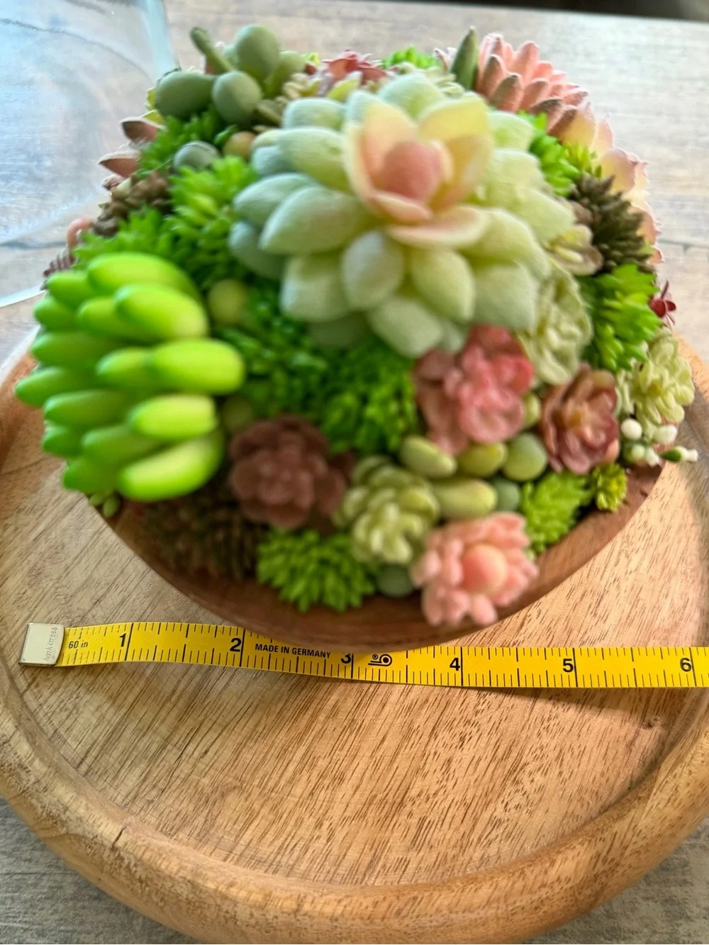Handcrafted Faux Succulent Arrangement in Wooden Bowl (Glass Dome)